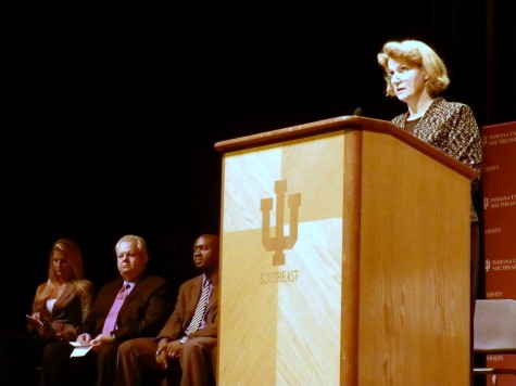 Crystal Gunther, chair of the IU Southeast Board of Advisors, Jerry Wayne, interim vice chancellor for Alumni and Community Engagement and Jason Meriwether, vice chancellor for Enrollment Management and Student Affairs listened as interim chancellor Barbara Bichelmeyer delivered the 2013-14 State of the Campus Address Tuesday, August 20 in Stem Concert Hall.
