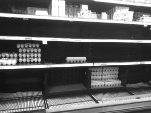 Shelves emptied quickly on Jan. 5 as shoppers rushed to stores to stock up on essentials in anticipation of the polar freeze. Milk, eggs and bread were some of the most common items by this day.  Photos by Aprile Rickert.