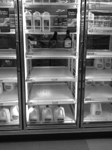 Shelves emptied quickly on Jan. 5 as shoppers rushed to stores to stock up on essentials in anticipation of the polar freeze. Milk, eggs and bread were some of the most common items by this day. Photos by Aprile Rickert.