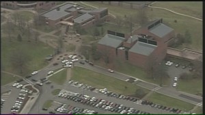 Police cars surround McCullough Plaza on Thursday, Dec. 5, 2013, when the campus was locked down in response to a possible threat. Photo courtesy of WLKY (used with permission).