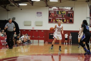  Heather Wheat, junior guard, sets up the offense for the Lady Grenadiers.  Wheat leads the team in scoring for the season at 17 points per game.