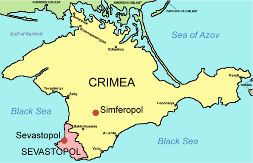Crimea borders Ukraine to the north and Russia to the east. Map courtesy of Wikimedia Commons
