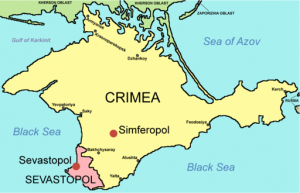 Crimea borders Ukraine to its north and Russia to its east. Map courtesy of Wikimedia Commons