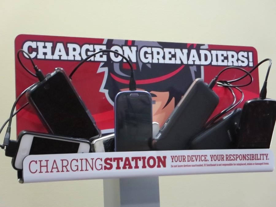 Charging stations that allow students to charge their phones and other electronic devices are located around campus. 

