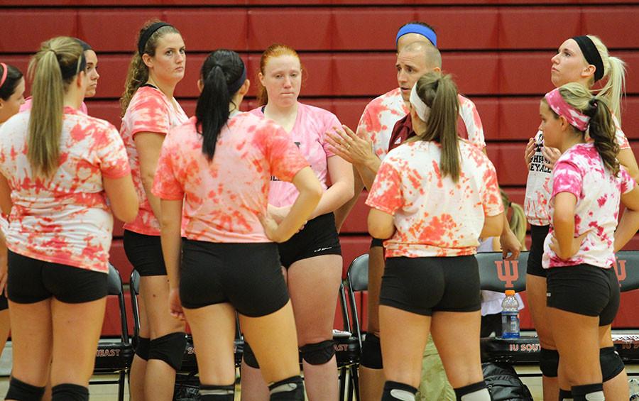 Coach Brian instructing his players while battling in the fourth set of the alumni game on Wednesday, Aug. 26.