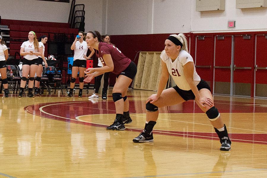 Freshman Hannah Joly preparing for the next play in a game against IU East on Thursday, Sept. 10. Joly had a game and team high ten kills in the game.