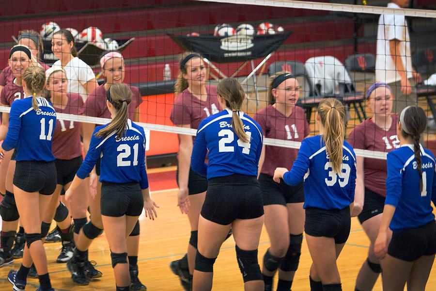 IU Southeast and Brescia University players shake each others hands after Thursdays game on Oct. 1. The Grenadiers beat the Bearcats in straight sets.