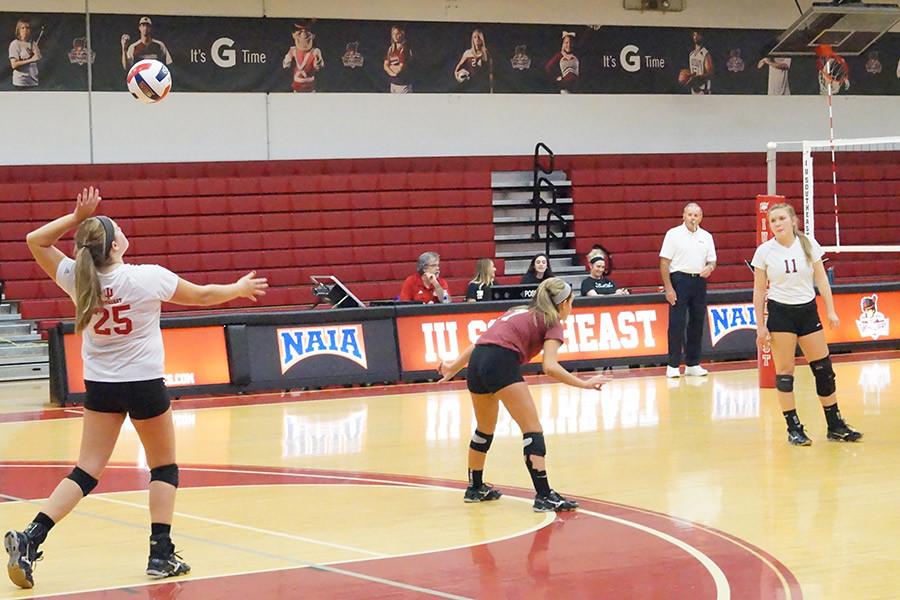 Hannah Barker, junior setter, serving the ball against Ohio Christian University on Thursday, Oct. 8. The Grenadiers won the match in straight sets. Barker had a game-high 28 assists in the win.