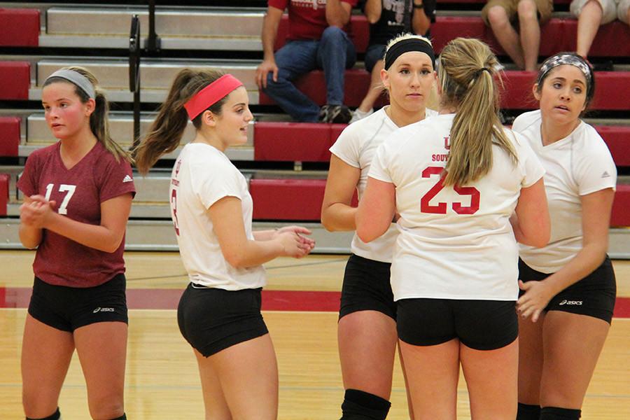 The Grenadiers huddle up after a point in their match against Carlow University on Friday, Oct. 9. With the win, the Grenadiers win their sixth straight game. I was very pleased with how everyone played tonight, head coach Eric Brian said.