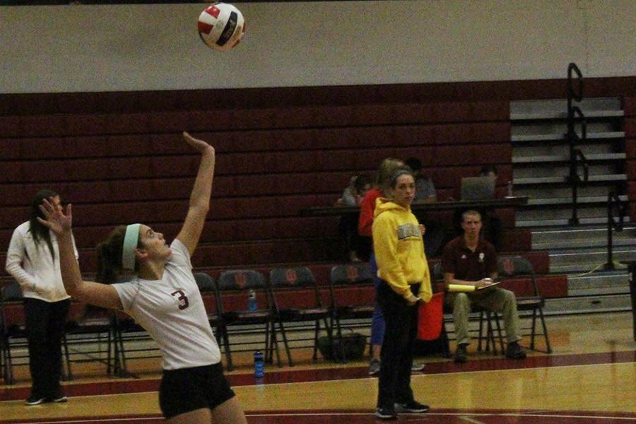 Maddie Jacobi, freshman defensive specialist, prepares to serve the ball against Oakland City on Tuesday, Oct. 20. The Grenadiers lost the match in five sets for their second consecutive loss.