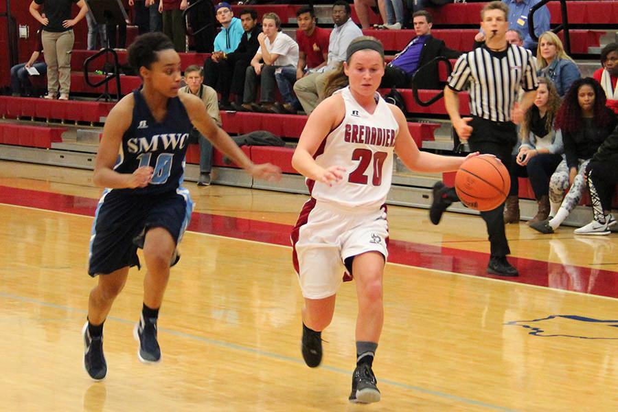 Annie Thomas, sophomore guard, dribbles the ball down the court against St. Mary-of-the-Woods in the Grenadiers home opener on Thursday, Nov. 12. Thomas transferred to IU Southeast this year from Henderson State University. She had a team-high 19 points and five assists in the win.