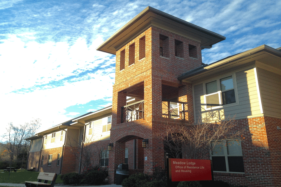 Outside of Meadow Lodge at IU Southeast. Located here is the offices of Residence Life and Housing, along with apartments that students live in.