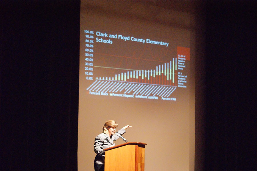 Melissa Fry, assistant professor of sociology and director of the Applied Research and Education Center at IU Southeast, discusses the relationship between applied community sociology and Martin Luther King Jr. The graph represented the percentage of minorities in Clark and Floyd County elementary schools.
