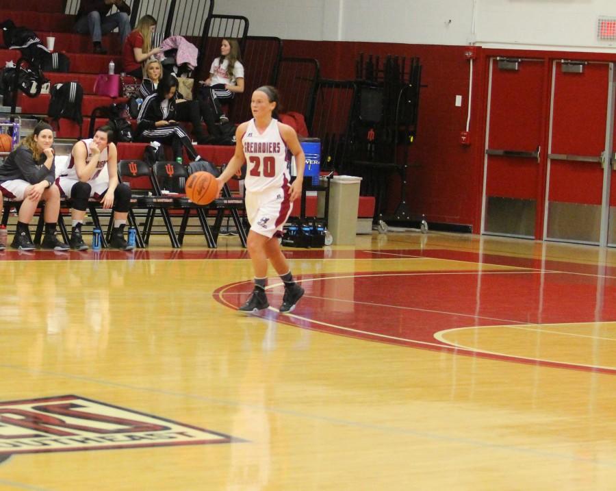 Sophomore guard Annie Thomas bring the ball up the court. The Grenadiers would go on the win by the score of 78-55. 