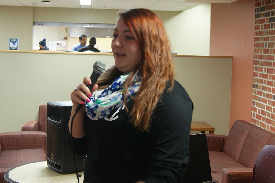 Jay Wyngard, criminal justice sophomore, delivers her comedic performance during the SPCs Open Mic on Tuesday, Feb. 9.
