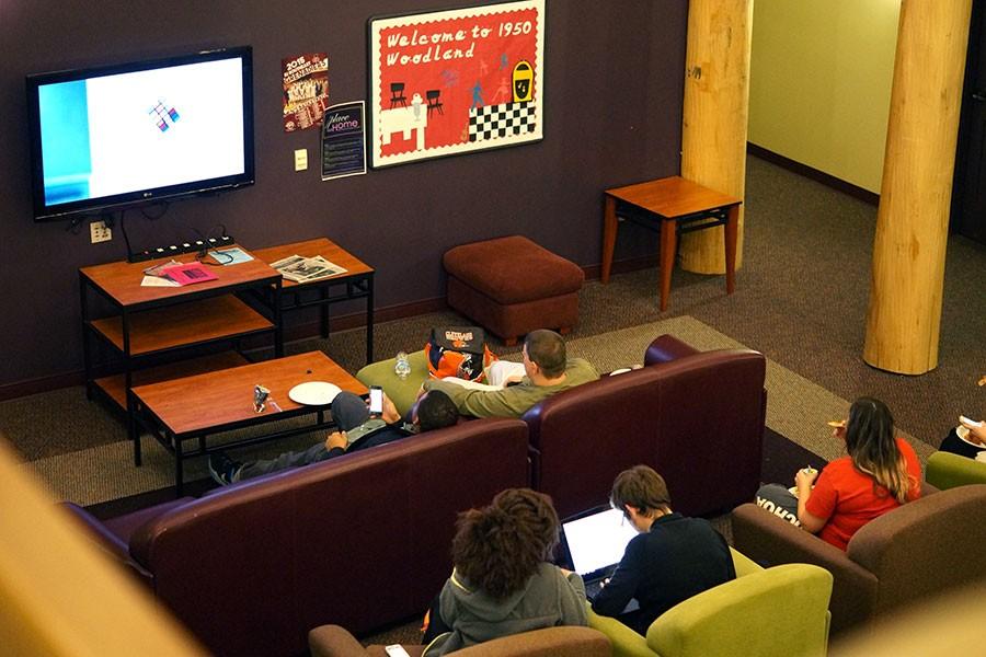 Students gathered around the television to watch Super Bowl 50.