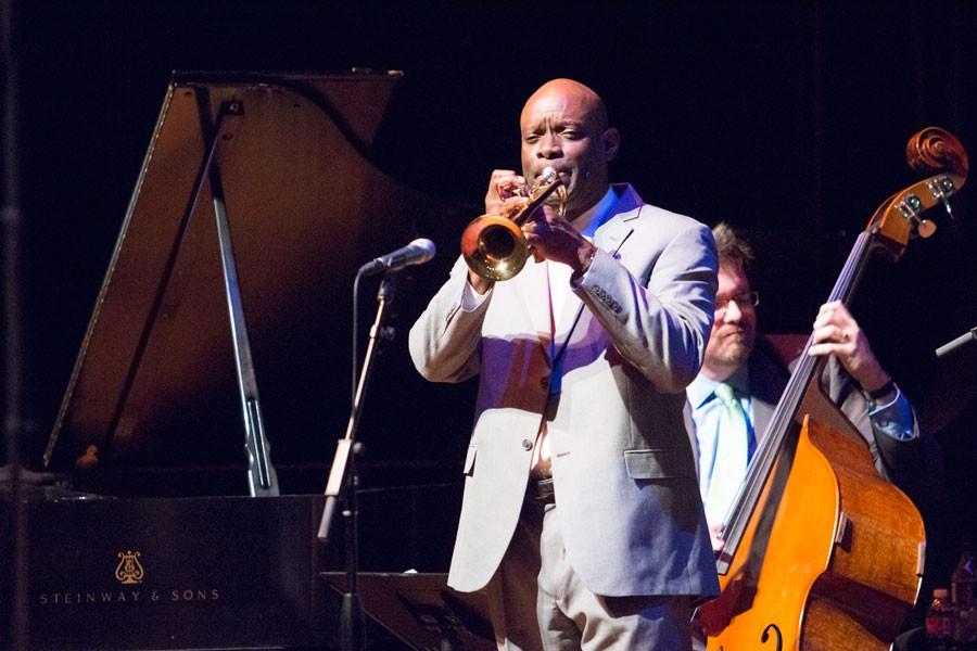 Trumpet Player, Spoken Word Ron McCurdy playing his solo during one of the moods in the multimedia concert.