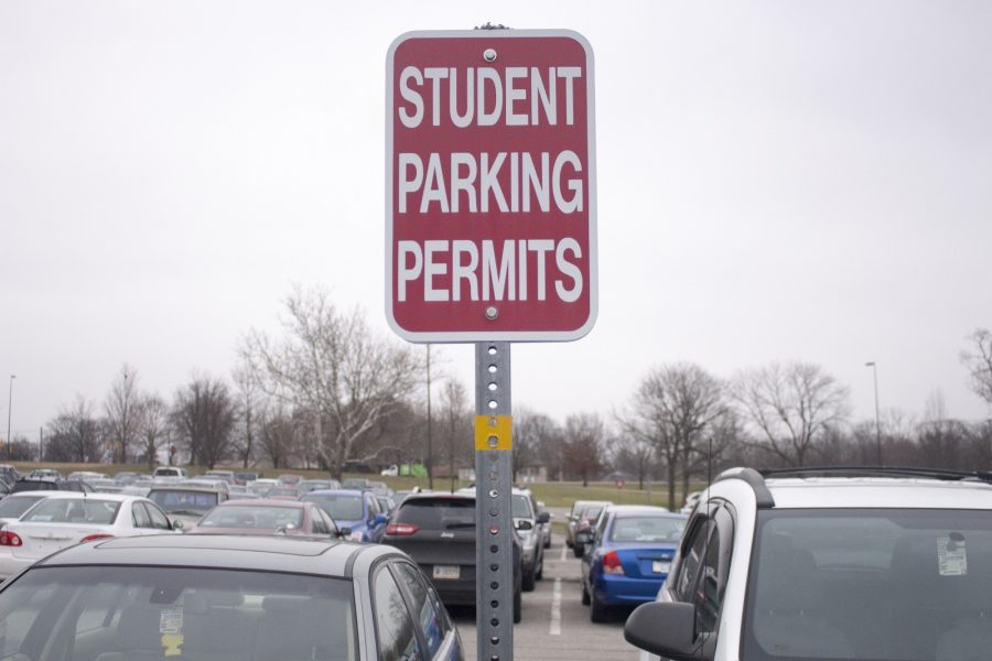 Student Parking zone signs are visible in all parking lots on the IU Southeast campus, designating where students are allowed to park.