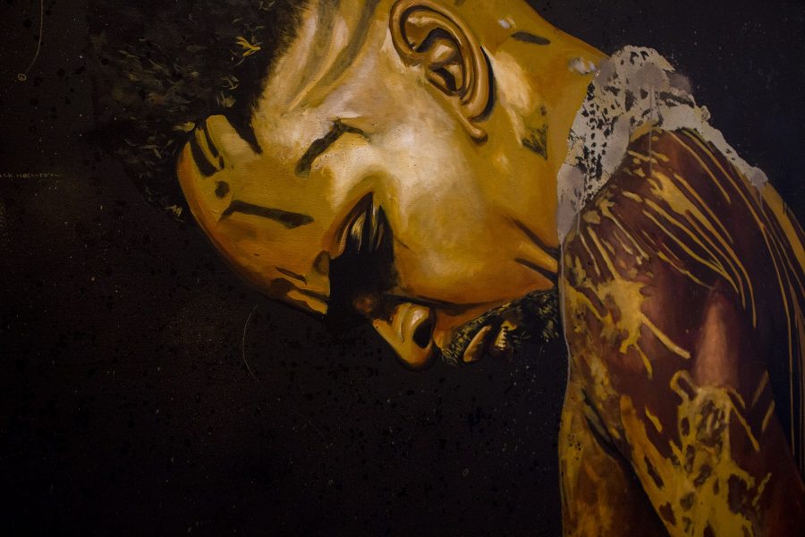 “Black Beauty” is his name. It is one of many photos that were part of Fahamu Pecou’s #BlackMatterLives gallery. This painting is an acrylic, enamel, spray paint and gold leaf on a canvas. According to the Pecou’s artist statement, this was supposed to reorient angst and despair experienced by Black America through work that affirms the beauty, strength and resilience of Black people.