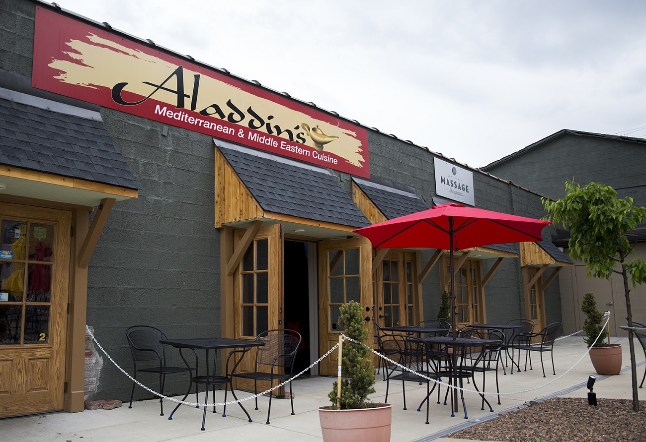 The entrance to Aladdins Cafe is tucked in to the Underground Station shopping area.