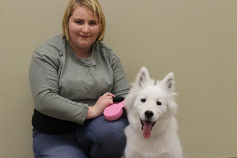 Skylar Guernsey and Honey Bear during their return visit to IU Southeast.