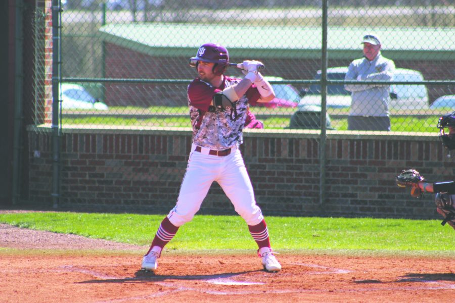Nolan Rogers, senior outfielder, stands in the batters box in a game at the IU Southeast Koetter Sports Complex. Rogers is a graduate transfer from  Vanderbilt University, where he was a part of their 2014 NCAA World Series championship team. Photo courtesy of Angie Branz