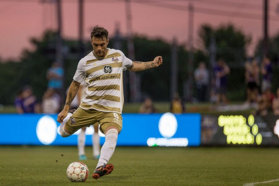 Louisville City forward, Cameron Lancaster, takes a free kick during a 6-0 rout of the Richmond Kickers. The club is hosting “College Night” for students on Aug. 31.
