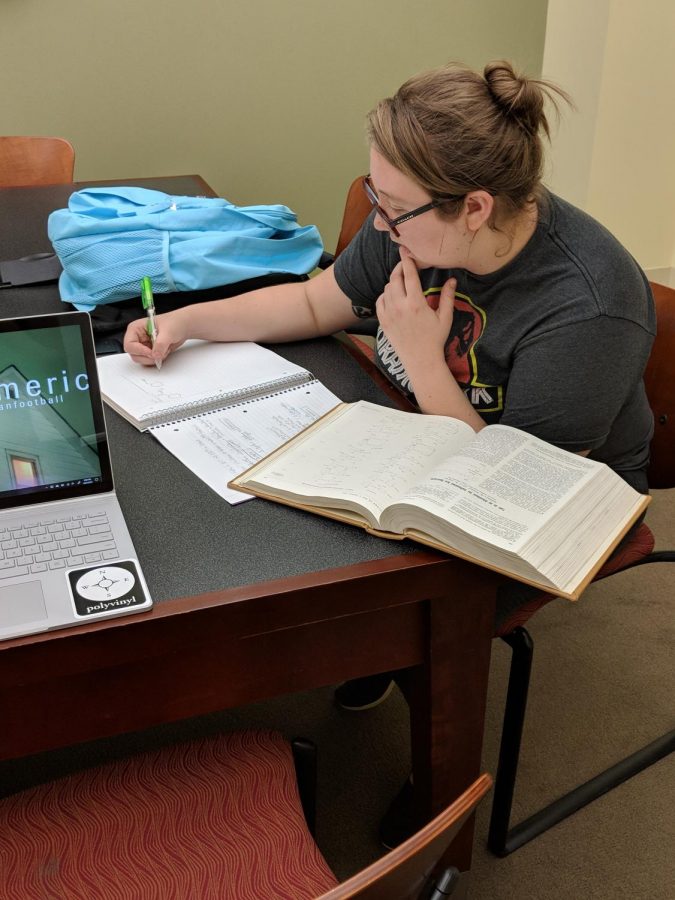 Katie McKoy, General Studies Major and junior, completes an online assignment. Photo by Bryce Shreve