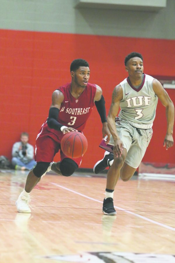 Senior shooting guard Jamie Johnson drives up the floor against IU East in last season’s RSC Tournament Championship game. Johnson earned Second Team All-American honors after leading the Grenadiers with 19.9 points and 2.6 steals per game.