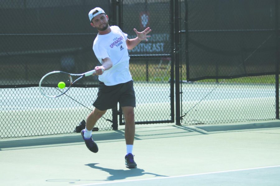 IU Southeast men’s tennis junior, Garrett Fensler, swings through a forehanded return in a Spring 2018 match. Fensler earned all-conference honors for his second consecutive season in 2017-18. 
