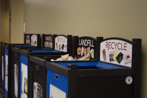 Recycling and landfill bins on campus.