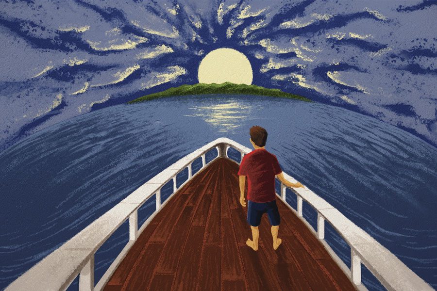 Illustration of a migrant boy on a boat headed to a new land. Photo by Erik Nelson Rodriguez, Tribune News Service. Used with permission.