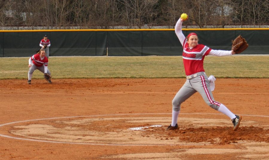 Senior Emily Weiss fires a pitch for a strike in game 1 of the Grenadiers first home doubleheader. Photo by Brandon Miniard.
