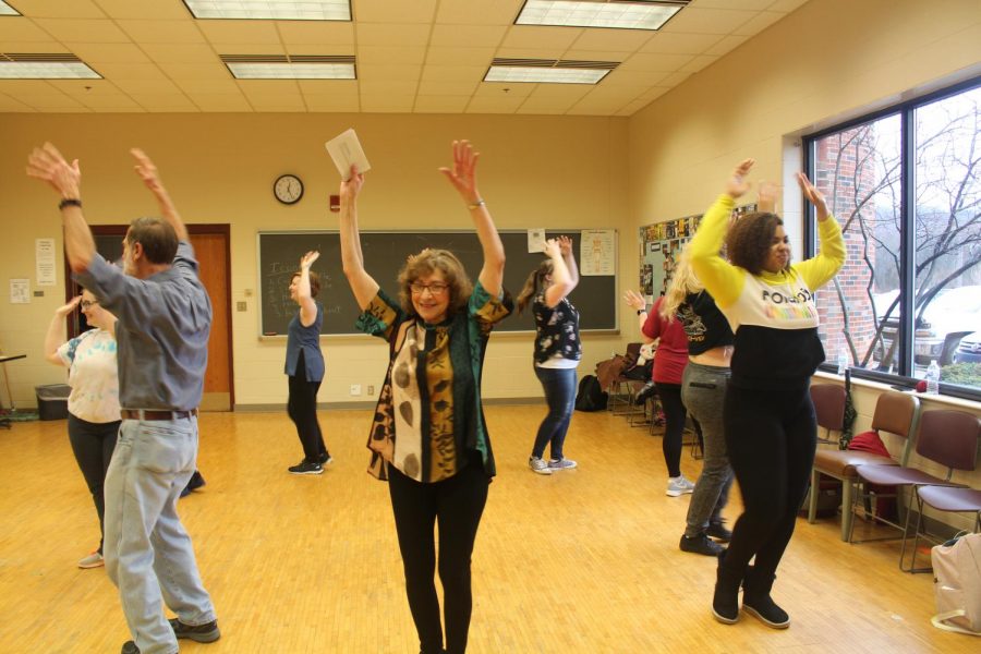 Adjunct Lecturer in Humanities and dace instructor Jane Blum teaching her class some moves from the Hokey Pokey. Photo by Tessa Arnold