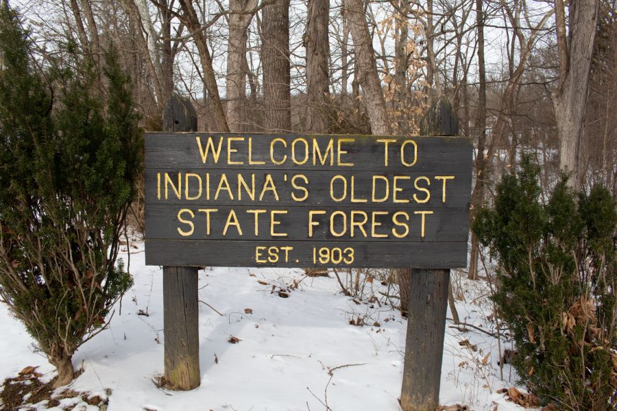 A sign off the side of the main entrance to Clark State Forest welcomes those wishing to engage in recreational activities.