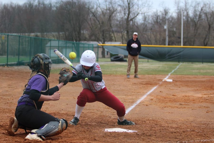 Maddie+Probus+gets+hit+in+the+shoulder+by+a+pitch+in+game+one+of+a+doubleheader+versus+Carlow+University+last+Friday.