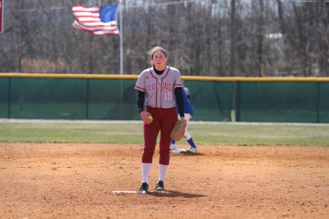 Pitcher Becca Schoenung looks for the sign from catcher Reecie Gilliam in game one of last Friday's doubleheader versus Midway University.