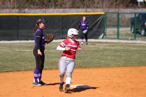 Catcher Justice Kline rounds second base after hitting an RBI double in game one of last Saturday's doubleheader versus Asbury University.