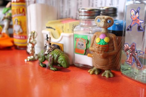 Outer space-themed action figures and stickers give some interstellar flavor to the tables found inside Lady Trons. Owner Summer Sieg named the diner after a nickname given to her years ago.