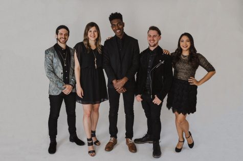 Members of the a capella group Backtrack (left to right): Johnny Buffalo (beatbox), Mallory Moser (soprano), Jojo Otseidu (bass), Mike Hinkle (tenor), Melissa Jordano (alto)