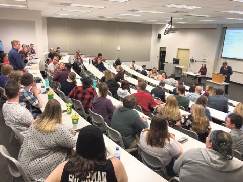 The vote took place in room 104 of Hillside Hall. The meeting was moved after the SGA realized an above-average number of people wanted to come to the meeting. Pictured above, professor Greg Phipps speaks to the SGA.