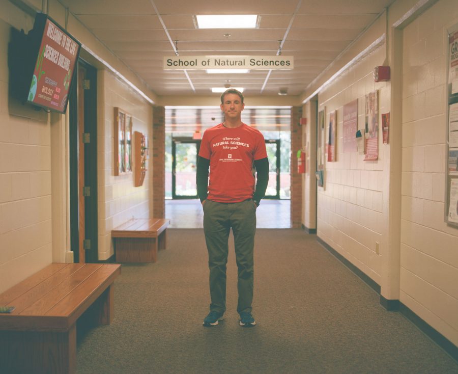 Jeremy Weremeichik stands in the main hallway on the second floor of Life Sciences. While he knows his way around a few buildings, he is still getting acclimated with the campus.