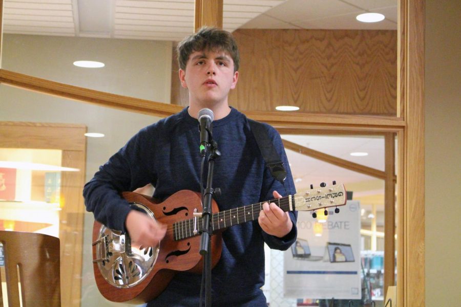 Jacob Howard, a freshman who is an English Education Major, sings “Michael” by Red House Painters while playing his guitar. “My parents started getting me guitar lessons and I hated it but once I started listening to music, I was like, ‘oh, this might be worthwhile.’  I like performing...and I love that song too.”