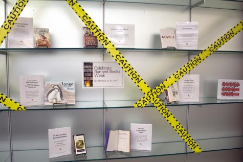 The Banned Books display located in the IUS library features titles including