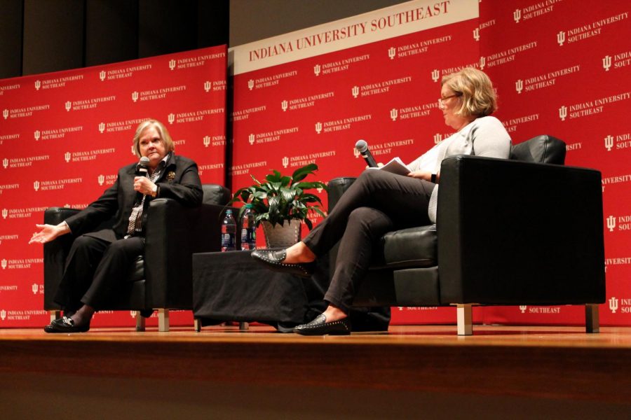 Judy Shepard (left) gestures as she answers a question from an audience member.