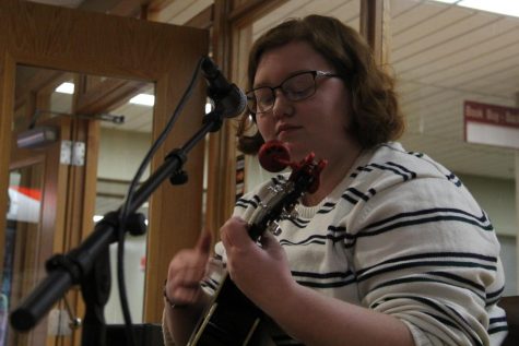 Jazz Strope, a graphic design major, opened and closed the event by performing two original songs accompanied by her ukulele. One song was about being in a small town and your voice being drowned out. The second song was about how it is okay to not be with someone. 