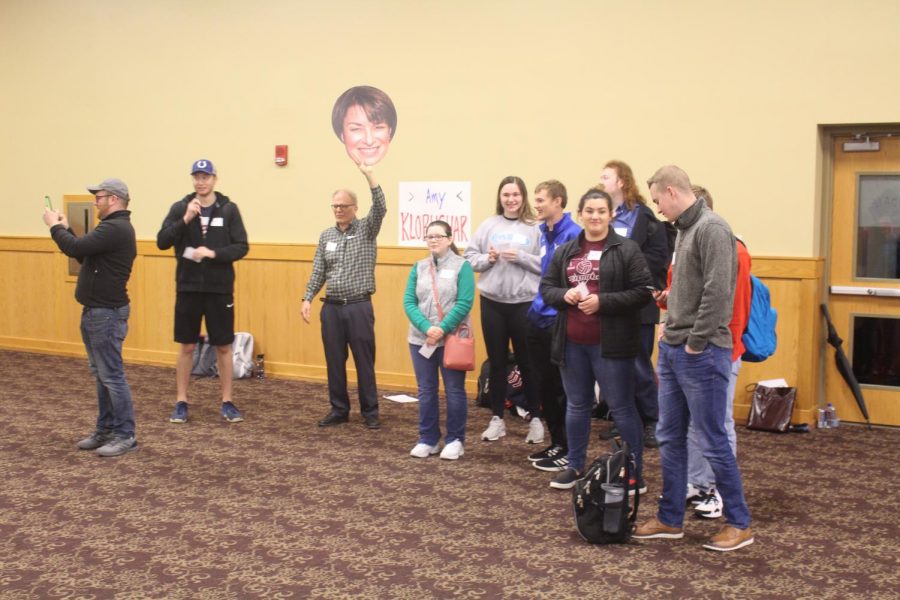Joe Wert, IUS professor of political science, tries to rally support for Amy Klobuchar. Klobuchar would go on to finish with the third most voters in the IUS Mock Caucus, which awarded her one delegate.