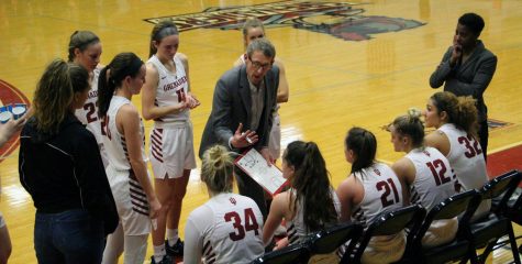 Head Coach Robin Farris tries to rally his troops during the third quarter of the Grenadiers’ 70-51 loss against IU Kokomo on Feb. 18.