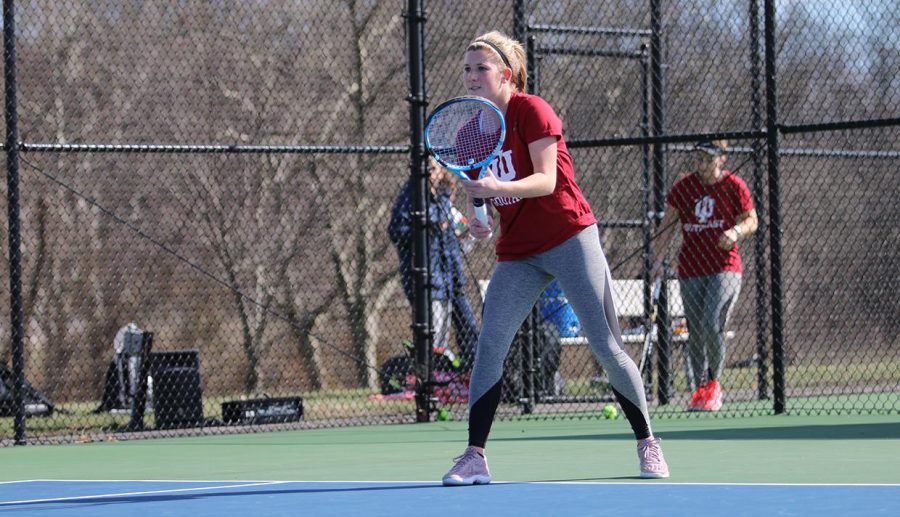 Junior Lauren Winchell prepares to receive a serve during a double header against Kentucky Wesleyan and Brescia on Friday, March 22, 2019. Photo by IUS Athletics, used with permission.