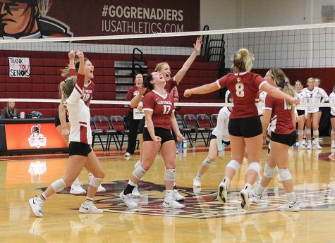Members of the Grenadier Volleyball team celebrating moments after defeating RSC rival IU Kokomo in their home finale on Nov. 2, 2019. Photo provided by the Unofficial IUS Women's Volleyball Facebook page.